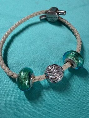 Persona 3 teal/green Murano glass and Silver Charms Beige Leather Bracelet